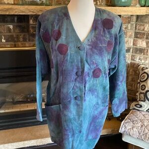 ARTISAN ANNA CARLSON amazing linen appliqué embroidered jacket!! Size M oversize